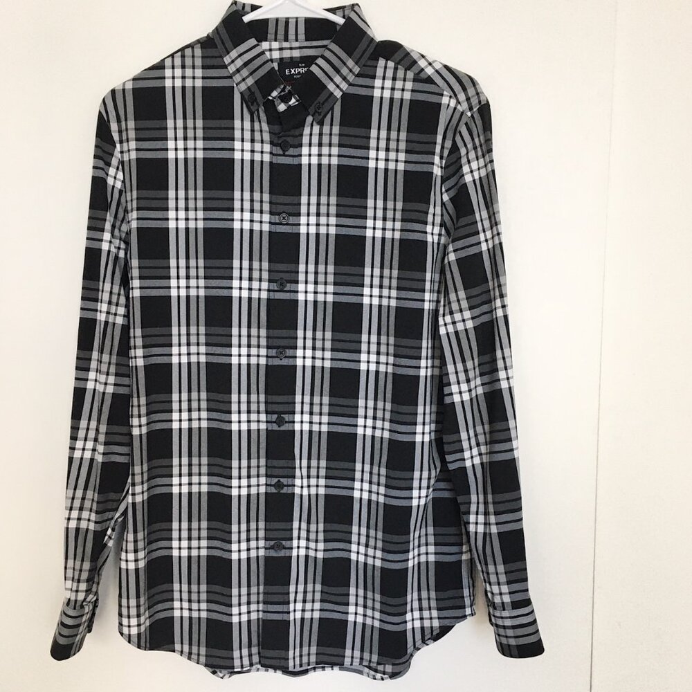 Express Men's Slim Performance Moisture-Wicking Stretch Button Down Plaid Shirt